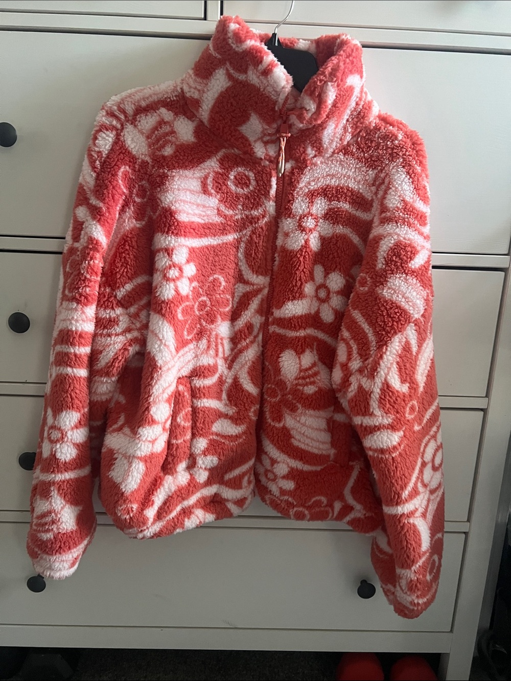 American Eagle Outfitters Coral & White Floral Teddy Zip Jacket